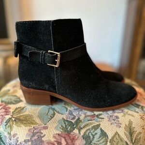 Kate Spade Black Suede Ankle Boots with Bows & Gold Buckles